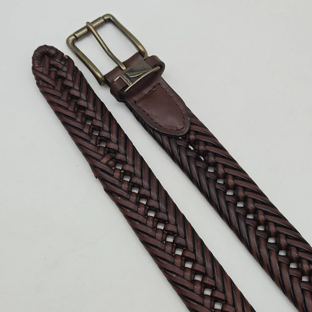 Nautica Braided Belt Brown Leather Mens 34 Bronze Buckle New